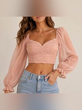 AKIRA Sheer Mesh Puff Sleeve Corset Top Blush Pink Size S